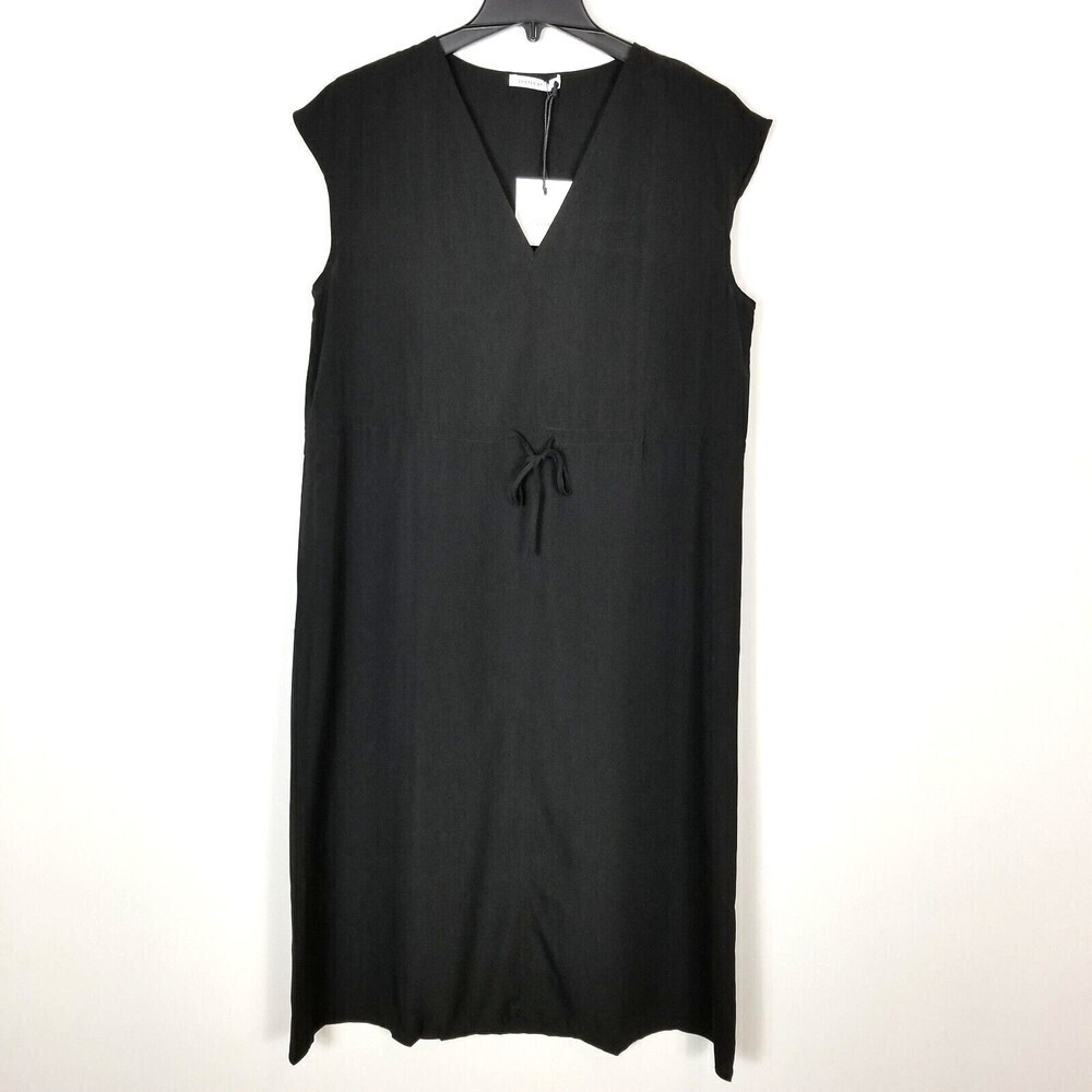Cooper St Black Sheath Dress Drawstring Waist Cap Sleeve Midi Length V-Neck L